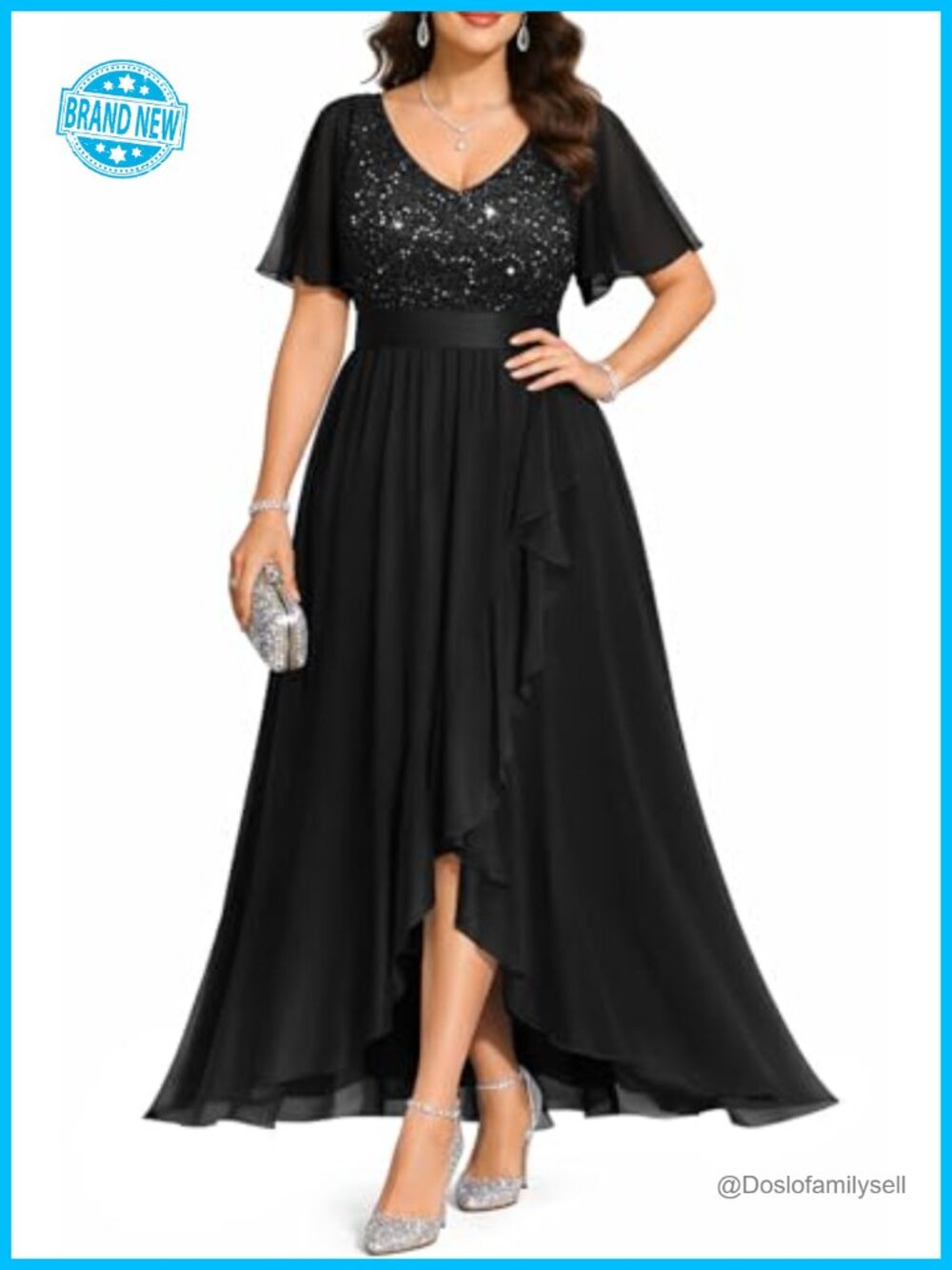 Plus Size Sequin Lace Formal Evening Gown High Low Chiffon Dress